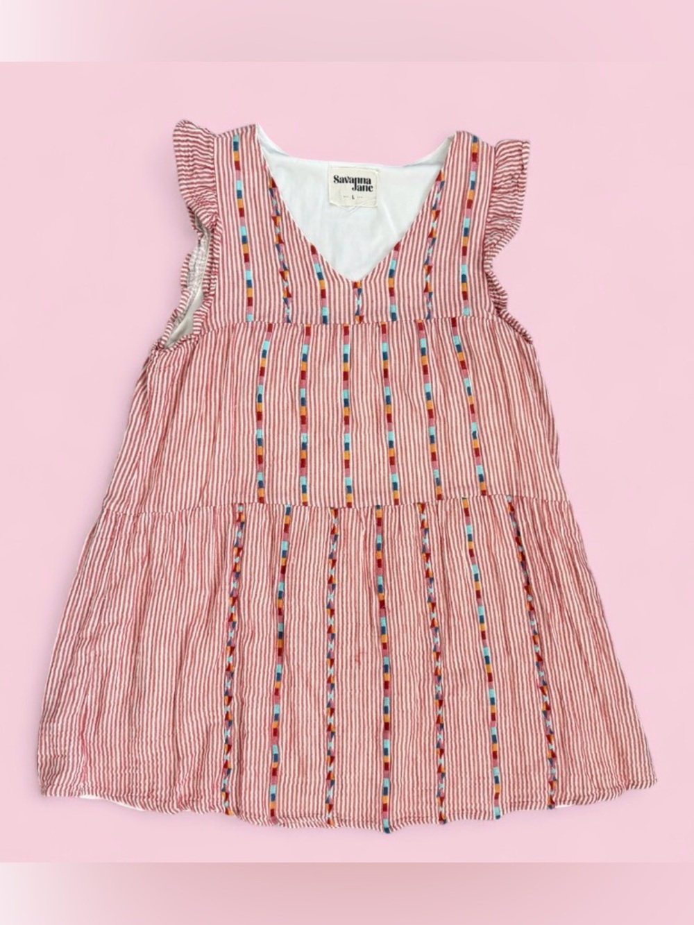 Savannah Jane Embroidered Pink Stripe Flutter Sleeve Dress size L